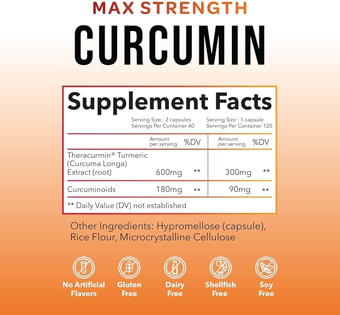 Theracurmin Turmeric Curcumin Supplement 120 Count High Absorption Turmeric &amp Curcumin - Joint Supplement for Men and Women - 42.6X More Bioavailablity
