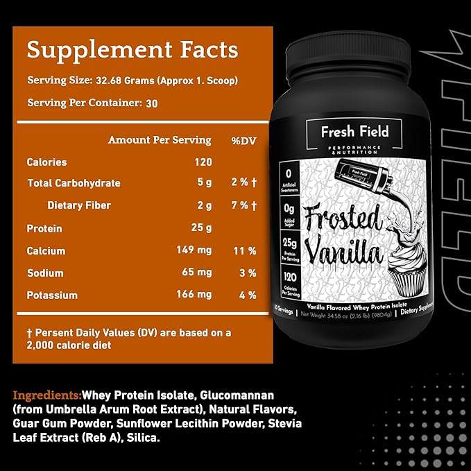 Fresh Field Vanilla Protein Powder - 25g Whey Protein Isolate Gluten-Free &amp Soy-Free Sugar-Free 30 Servings - Natural Whey Protein Powder for Workout Fitness &amp Nutrition Shakes - 2.16 lb