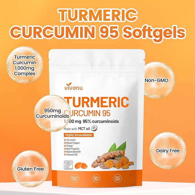 10-in-1 Turmeric Supplement Softgels 95% Curcumin for 1000mg Made Mct Oil 60-Day Supply with Black Pepper Ginger Propolis Powder Black Seed Oil Saw Palmetto Oil Zinc Vitamin D3 E More 2 Bag