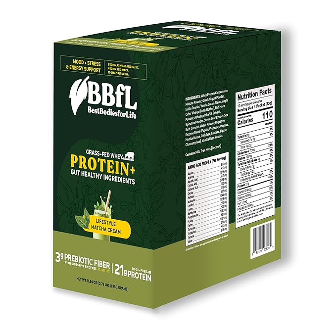 BBfL Grass-Fed Whey Protein Shake – 21g rBGH-Free Protein Matcha + Apple Cider Vinegar Prebiotics Digestive Enzymes Adaptogens for Stress &amp Mood Support – All-in-One Shake (10 Servings Matcha
