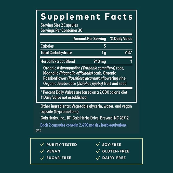 Gaia Herbs SleepThru - Sleep Support Supplement with Ashwagandha Root Magnolia Bark Passionflower &amp Jujube Date* - 60 Vegan Liquid Phyto-Caps (30 Servings)