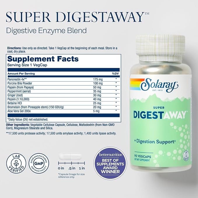 SOLARAY Super Digestaway Digestive Enzymes - Pancreatin Papain Ginger Pepsin Betaine HCl Aloe Vera and More - Digestion &amp Nutrient Absorption Support - Lab Verified - 90 VegCaps