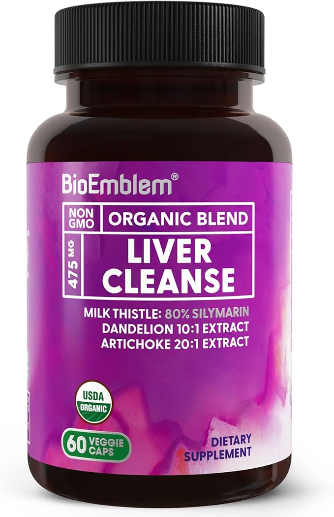 BioEmblem USDA Organic Liver Cleanse - 80% Silymarin Milk Thistle Extract for Liver Health and Liver Function with Dandelion &amp Artichoke Extracts - 100% Vegan Non-GMO - Herbal Liver - 60 Capsules