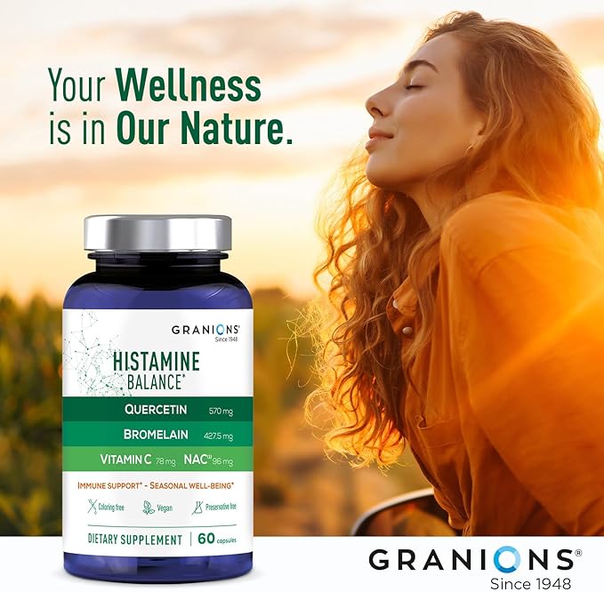 Granions Histamine Balance Complex - Quercetin with Bromelain NAC and Vitamin C - D-Hist Seasonal Histamine Blocker &amp Immune Support Supplement for Adults and Children - 60 Vegan Capsules