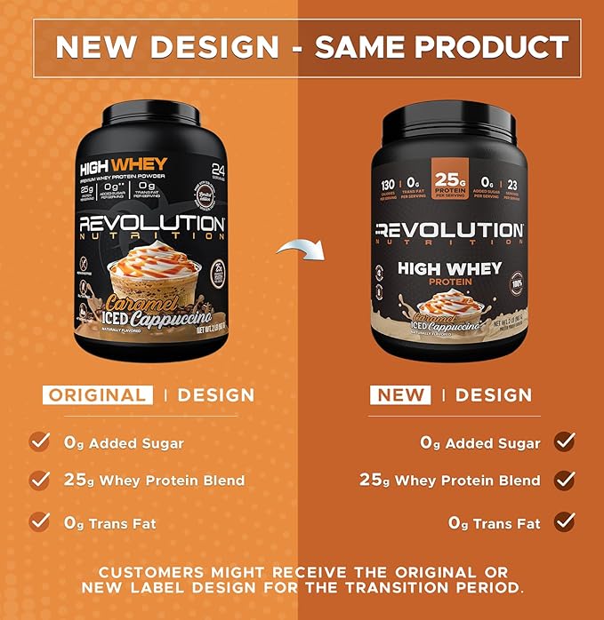 Revolution Nutrition High Whey Protein Powder 2LB Whey Isolate Gluten Free Lean Muscle Mass for Men &amp Women 25g of Protein Per Scoop 908 g 24 Servings (Caramel Iced Cappuccino 2 Pound)