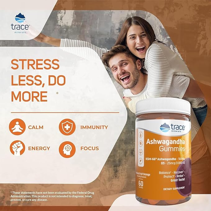 Trace Minerals Ashwagandha - Ashwagandha Gummies for Supporting A Healthy Mindset - Calming Supplement - Better Sleep - Immune System &amp Energy Support - Passion Fruit Orange - 60 Count (30 Serving