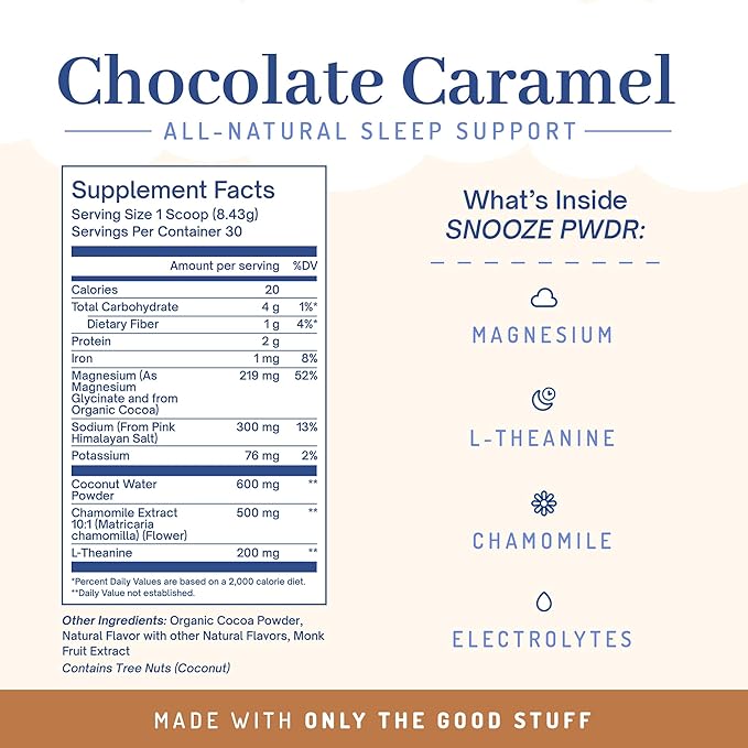 PWDRS Snooze Sleepy Time Hot Chocolate | All Natural Sleep Support | Magnesium Glycinate L Theanine Chamomile Electrolytes | 20 Calories Non GMO | Chocolate Caramel
