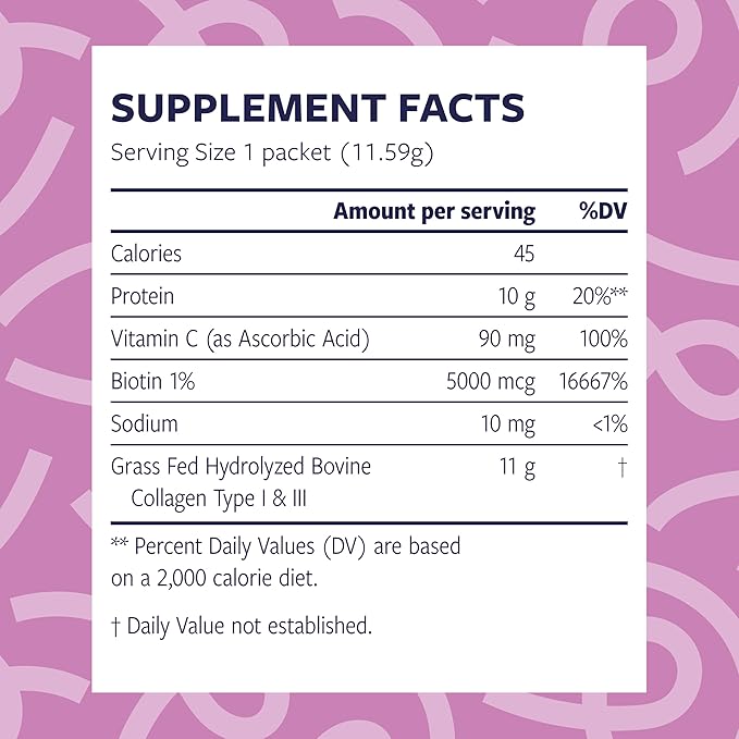 Hydrolyzed Collagen Peptides Powder Packets with Biotin &amp Vitamin C 11g Collagen Per Serving Stick Grass-Fed Bovine Type 1 and 3 Per Serving (Unflavored) (20 Servings)