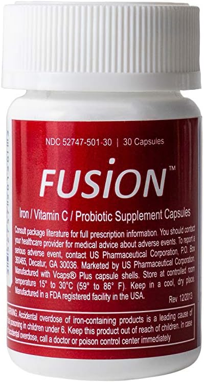 Fusion Iron Supplement - 65 mg Ferrous Fumarate - 65 mg Polysaccharide Iron Complex Boosted by Patented Probiotics and Vitamin C