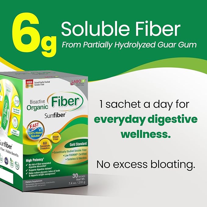 LABO Nutrition Bioactive Organic Fiber – Sunfiber PHGG Soluble Prebiotic Fiber - Digestive Regularity &amp Gut Health – Partially Hydrolyzed Guar Gum Low FODMAP Unflavored Vegan Non-GMO 30 Sache