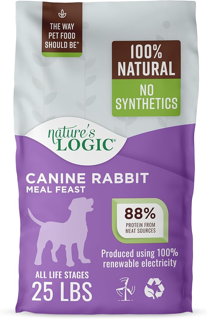 NATURE'S LOGIC Dry Dog Food - 100% Natural - No Synthetics - for All Ages Sizes Breeds - Free from Common Allergens High Protein - Rabbit Meal Feast 25lbs