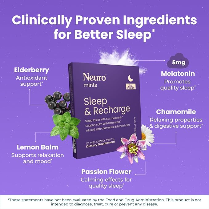 Neuro Sleep &amp Recharge Meltaway Mints - Contains Melatonin 5mg Chamomile &amp Elderberry - Travel Aid for Nighttime Relaxation &amp Healthy Sleep Cycle - Night Berry 144 ct