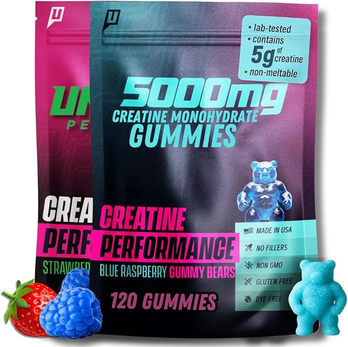 Creatine Gummies Variety Pack – Strawberry &amp Blue Raspberry 5g Creatine Per Serving 240 Gummies Total Fast Absorbing - Supports Muscle Growth &amp Strength Support for Men &amp Women