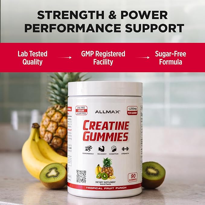 ALLMAX Creatine Gummies 90 Count Creatine Monohydrate Gummies 1250 mg Per Gummy Sugar Free Creatine Supplement for Women &amp Men Strength &amp Performance Support Tropical Fruit Punch