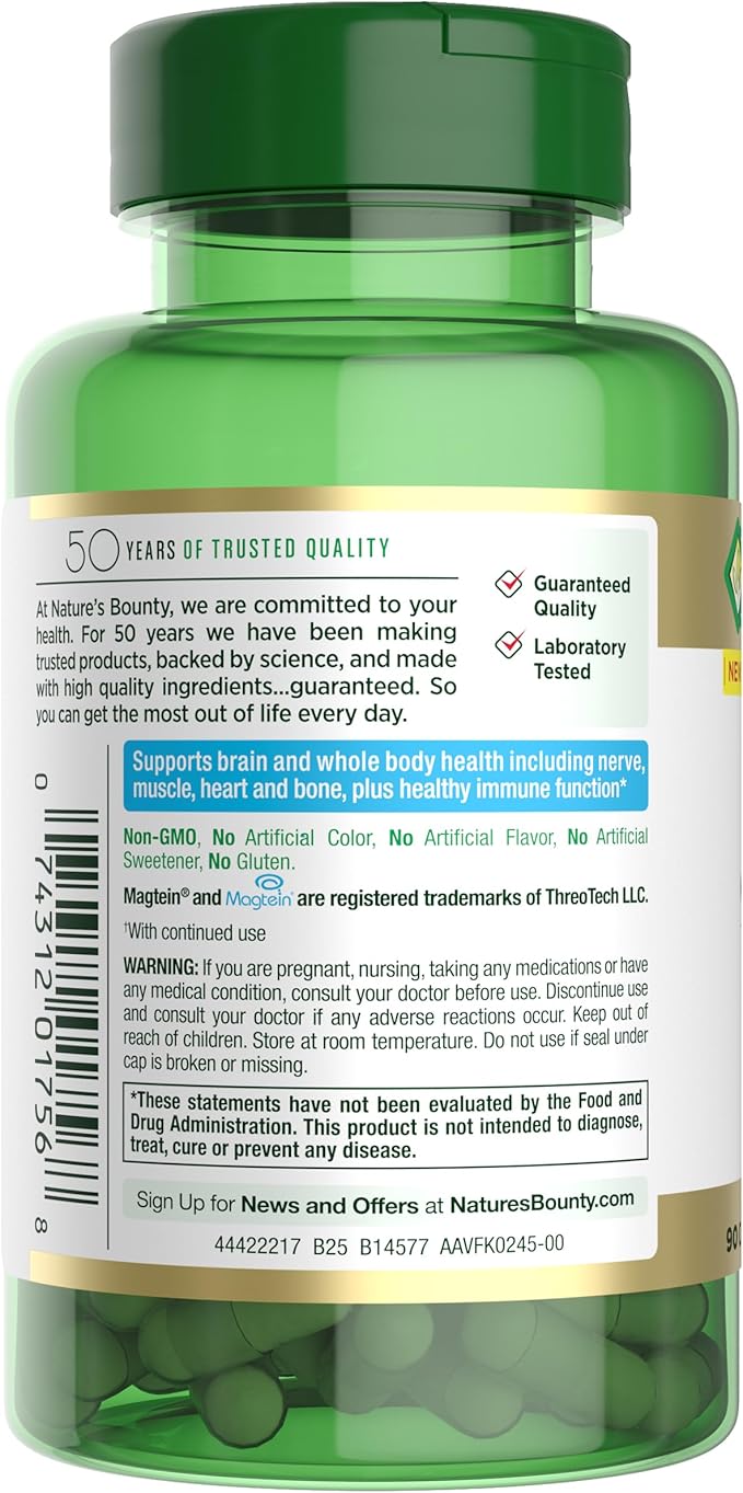 Nature’s Bounty Magnesium L-Threonate – Advanced Magnesium Supplement with Vitamin C Vitamin D3 and Vitamin B6 – Supports Brain Health Energy Nerve &amp Immune Support Supplement – 90 Capsules