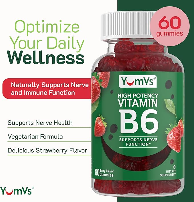 YUM-V'S Vitamin B6 Gummies - High Potency Vitamin B6 100mg - Strawberry Flavor B6 Vitamins Gummies - Nerve &amp Immune Function Non GMO Kosher 60 Count - 2 Pack