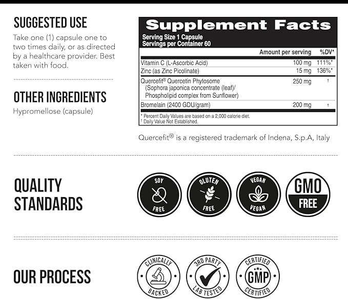 Quercetin Complete® Quercetin Phytosome with 50X Higher Absorption Clinically Proven &amp Patented Quercefit – Most Effective Form of Quercetin – Enhanced with Bromelain Zinc &amp Vitamin C (60 Ca