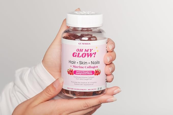 Oh My Glow! Hair Skin &amp Nails + Marine Collagen – Gluten-Free Non-GMO Gummies Raspberry Pomegranate