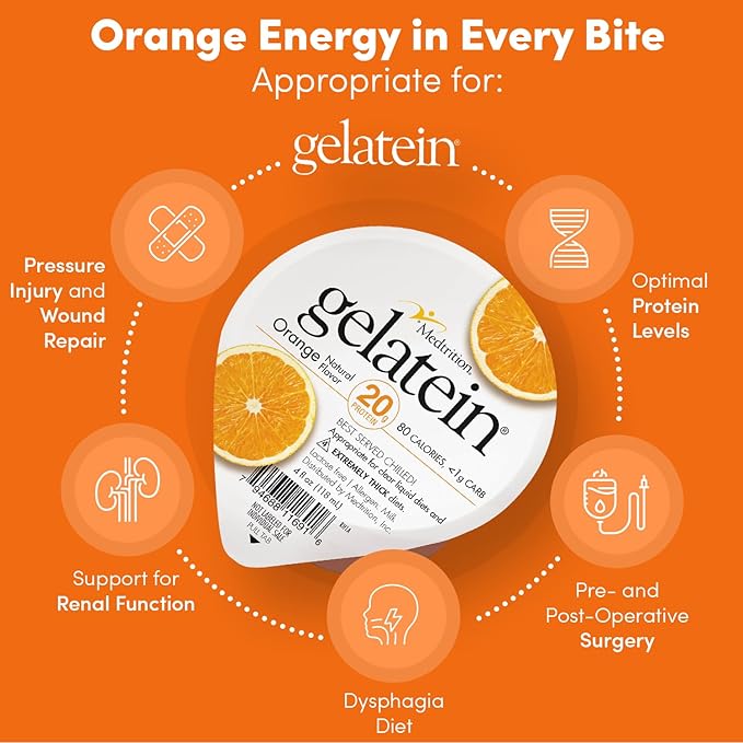 Gelatein Orange: 20 grams of protein. Sugar free. Ideal for clear liquid diets swallowing difficulties bariatric dialysis and oncology. Great pre or post-workout snack. (12 pack)