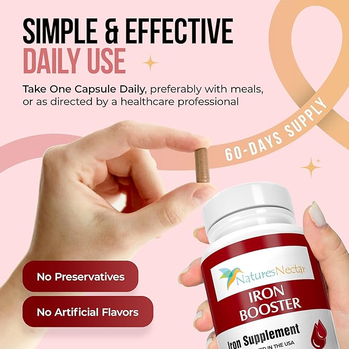 Nature's Nectar Blood Builder Iron Supplement for Men &amp Women – Slow Release Non-Constipating Iron Capsules with Vitamin B-12 Folic Acid &amp Vitamin C – Supports Red Blood Cell Production 60 Ca