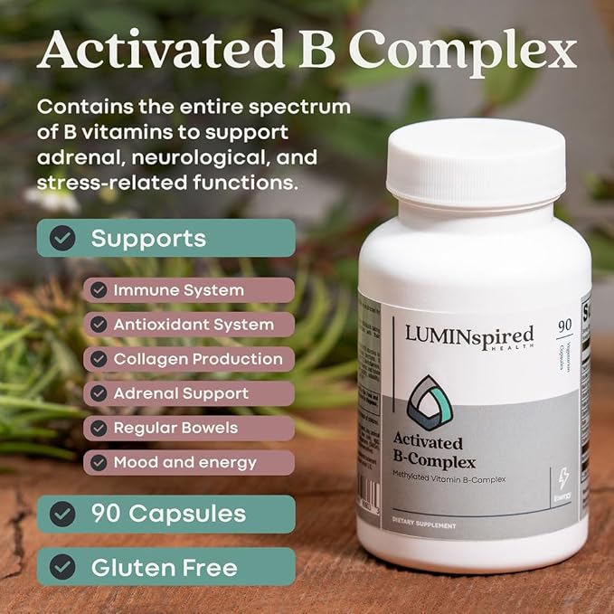 LUMINSPIRED Health Activated Vitamin B Complex with Vitamin C &amp Biotin All Vitamin B Dietary Supplement for Immune Support Metabolism Antioxidant Mood &amp Energy Gluten Free Vegan - 90 Cou