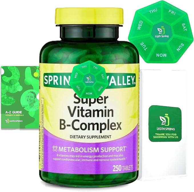 Super Vitamin B-Complex Tablets 250 + Spring Super Vitamin B-Complex Tablets Dietary Supplementt Bundle Exclusive Better Ligth&ampSpring Guide