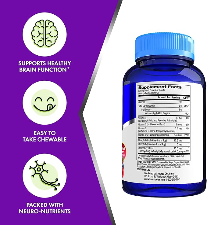 Focus Factor Kids Complete Daily Chewable Vitamins: Multivitamin &amp Neuro Nutrient (Brain Function) w/Vitamin B12 C D3-60 Count