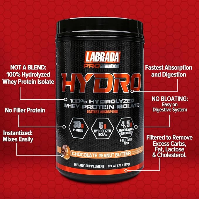 LABRADA HYDRO 100% Pure Hydrolyzed Whey Protein Isolate Powder Lactose free 6g BCAA’s 4.5g Glutamine Fastest Digesting Whey Available Instant Mixing Delicious Taste 20 Servings Choc PeanutButter