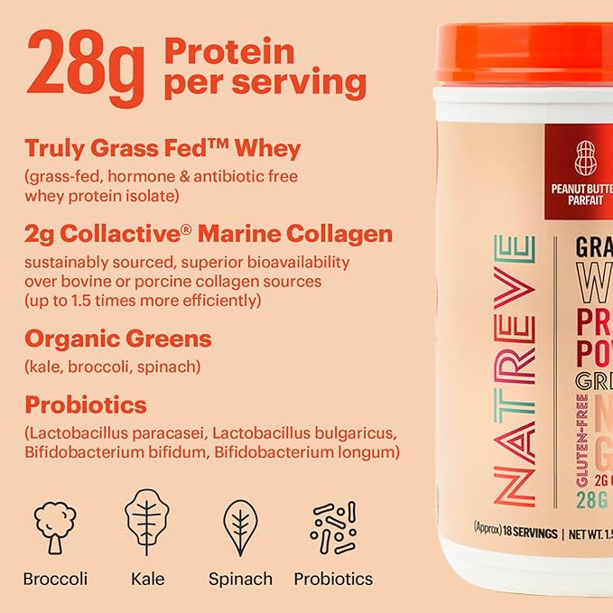 Natreve Whey Protein Powder - 28g Grass-Fed Whey Protein with Amino Acids Probiotics &amp Collagen - Gluten Free Peanut Butter Parfait 18 Servings