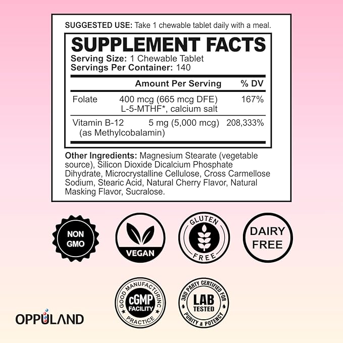 Methyl B-12 5000mcg Chewable with Folate - Vitamin B12 Methylcobalamin Sublingual Tablets - Supports Energy &amp Brain Function - Vegan Supplement - Cherry Flavor - 140 Count