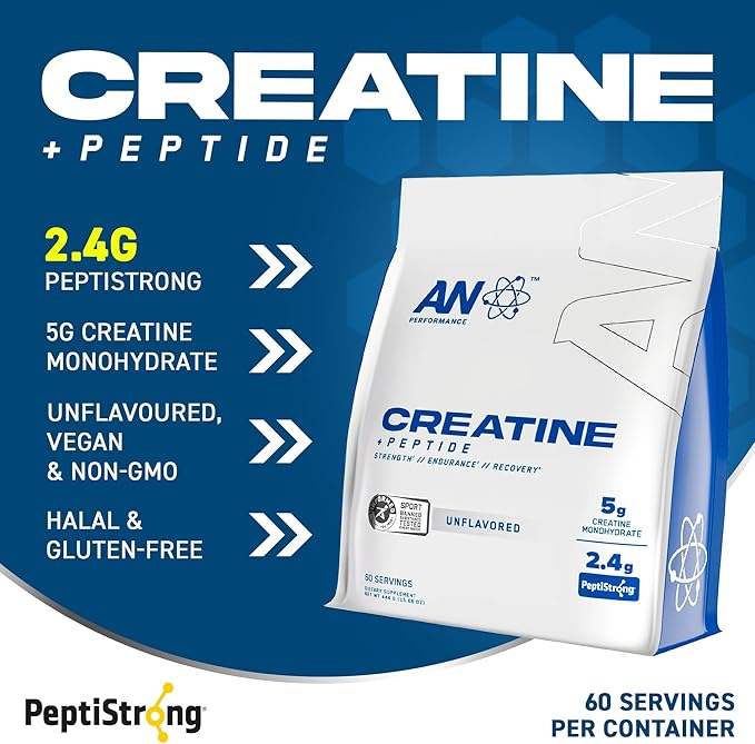 an Performance Creatine Monohydrate + Peptide | Micronized Powder | 5g Creatine 2.4g PeptiStrong | Vegan Gluten-Free Non-GMO | Workout Supplement for Men &amp Women | Unflavored | 60 Servings