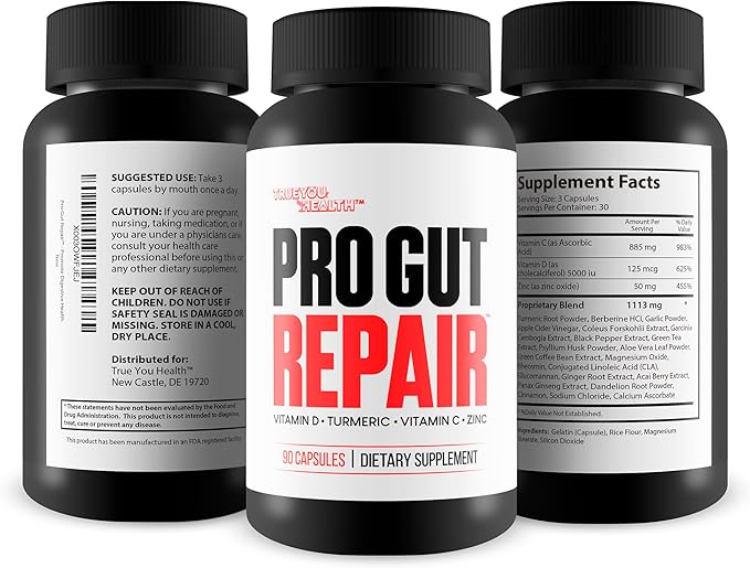Pro Gut Repair - Leaky Gut Repair Supplements - High Fiber Natural Formula w/Vitamin C &amp Vitamin D - Turmeric - Zinc Gut Lining Repair Support - Promote Digestive Health