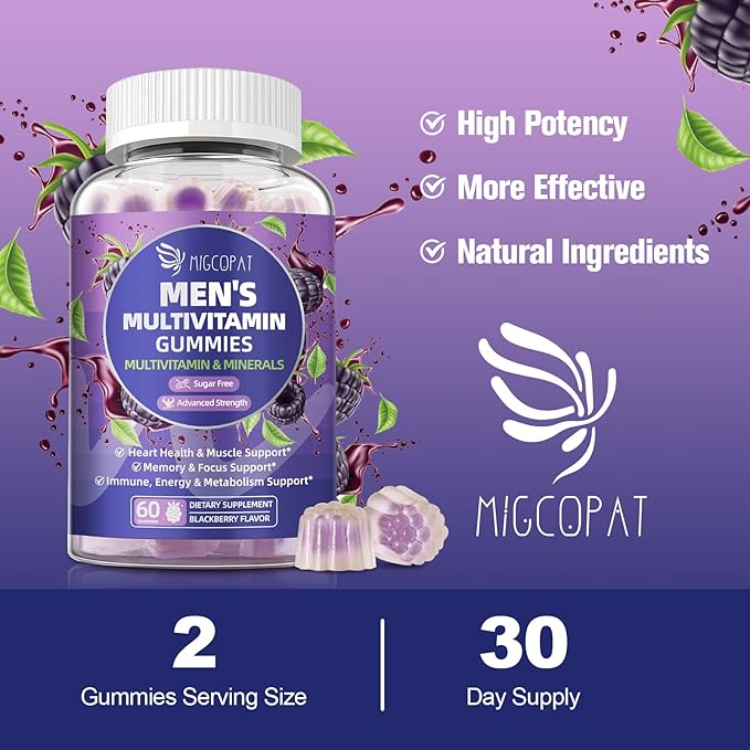 Multivitamin for Men Mens Multivitamins Gummies w/Omega-3 Probiotics Inositol Folate Biotin Zinc Vitamins A C D E B - Support Heart Brain Muscle Energy Sugar-Free Blackberry Flavor