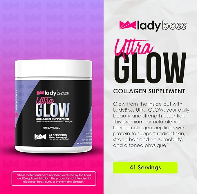 LadyBoss - Ultra Glow Collagen Supplement - Premium Hydrolyzed Bovine Collagen - Unflavored - 41 Servings