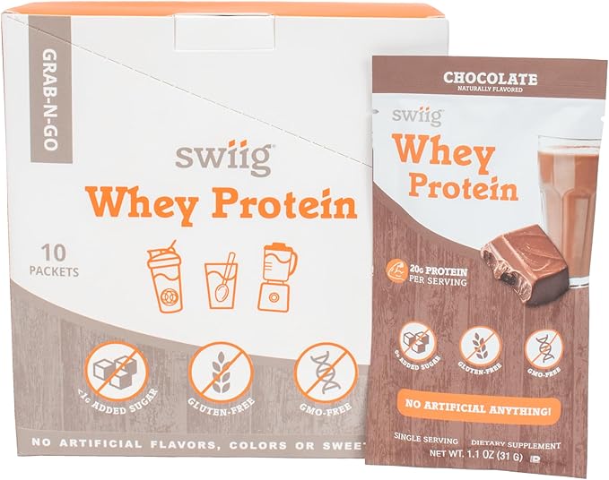 swiig Premium Daily Whey Chocolate Single-Serve 10-Pack – 20g Protein per Serving with Amino Acids for Muscle Recovery – Gluten-Free Non-GMO No Fillers No Artificial Flavors