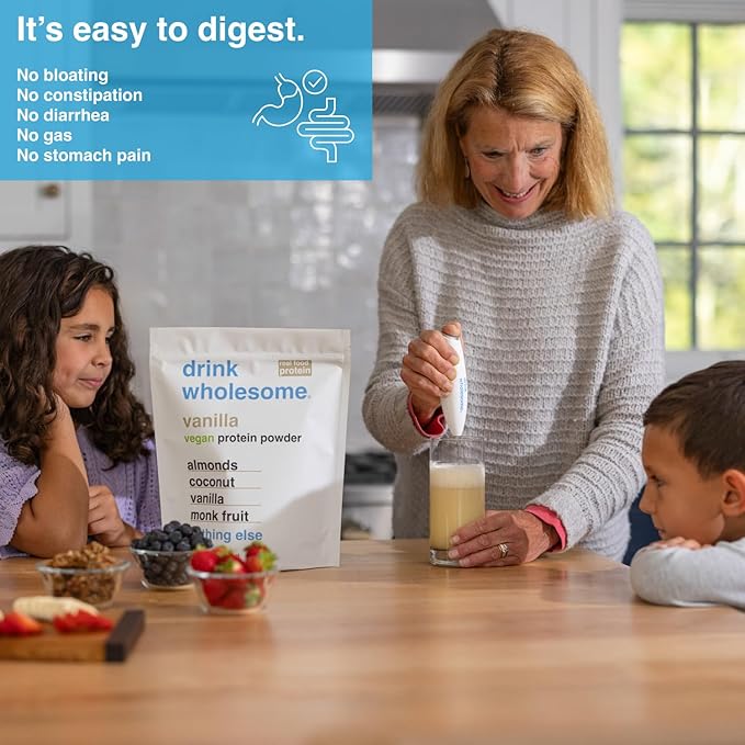 drink wholesome Vegan Vanilla Almond Protein Powder for Sensitive Stomachs | Minimally-Processed Whole-Food Protein | Additive-Free Dairy-Free Gluten-Free | Low Sodium