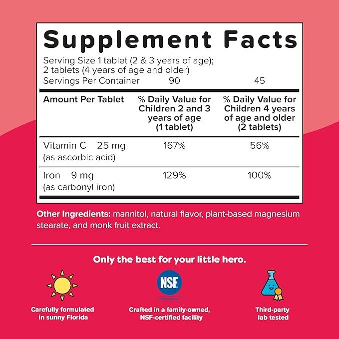 Renzo's Iron Supplements for Kids Dissolvable Vegan Kids Iron Supplement with Vitamin C Sugar-Free Melty Tabs Orange Flavor 90-Count
