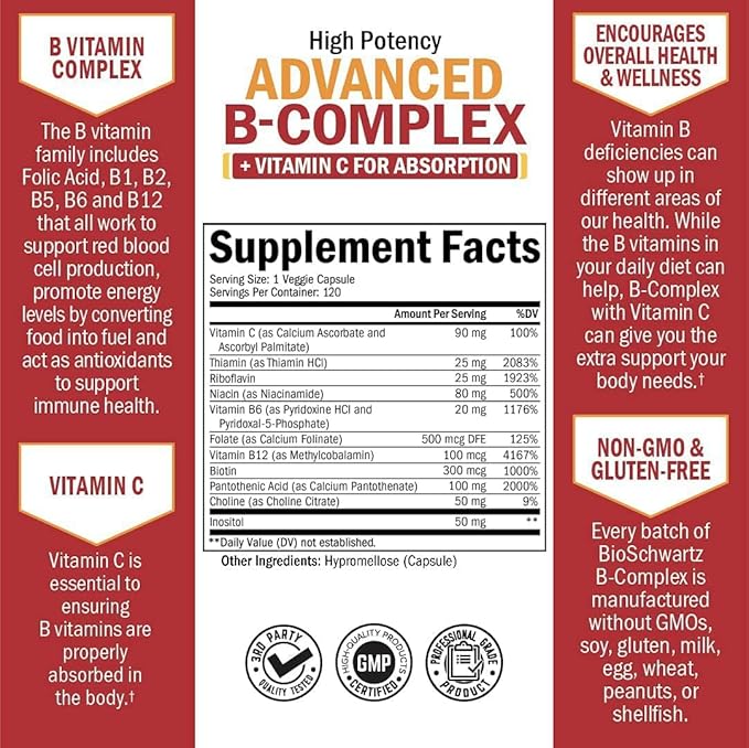 Vitamin B Complex with Vitamin C (4 Month Supply) Plus High Absorption Magnesium Bisglycinate Capsules (4 Month Supply)