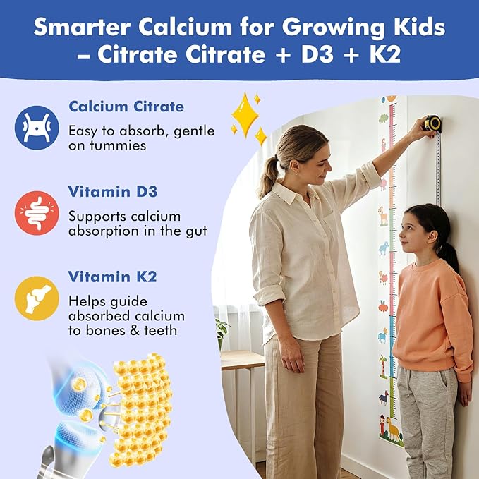 Kids Calcium Citrate Gummies with Vitamin D3 Supplement Calcium Citrate 300/600 mg with Magnesium Zinc &amp Multivitamin for Kids 4+ Support Bone Muscle &amp Digestive Health Sugar Free Strawberr