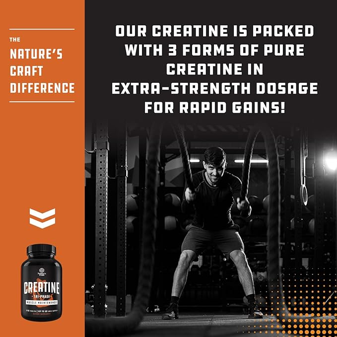 Natures Craft High Strength Tri Phase Creatine Tablets for Women &amp Men - Formula Blend of Creatine Monohydrate 300mg HCL &amp Pyruvate Supplement - Muscle Mass Gain &amp Recovery Supplement - 2