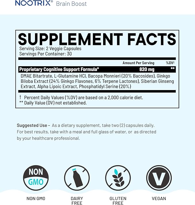 Nootrix Brain Boost Nootropic Supplement | Supports Memory Mental Focus Cognitive Health &amp Energy | Promotes Healthy Mood &amp Brain Function | Ginkgo Biloba &amp DMAE | 60 Capsules