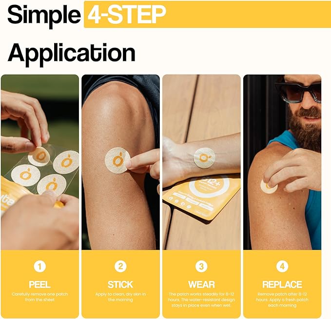 Topical B12 Energy Patches for Mood Energy &amp Cognition | Natural Caffeine Patches | Skin-Friendly Water-Resistant | 30 Count
