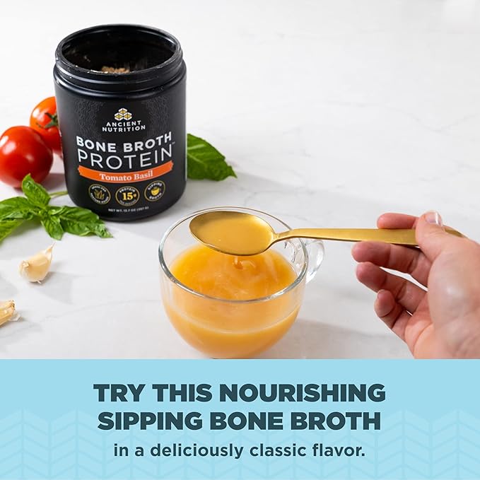 Ancient Nutrition Bone Broth Protein Powder Tomato Basil Grass-Fed Chicken and Beef Bone Broth Powder 15g Protein Per Serving Supports a Healthy Gut 15 Servings