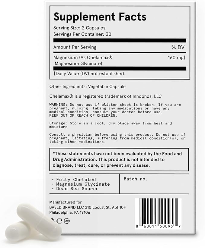 Based Dead Sea Magnesium | Pure Magnesium Glycinate | Support Stress Relief Sleep Heart Health Nerves Muscles and Metabolism | 60 Capsules