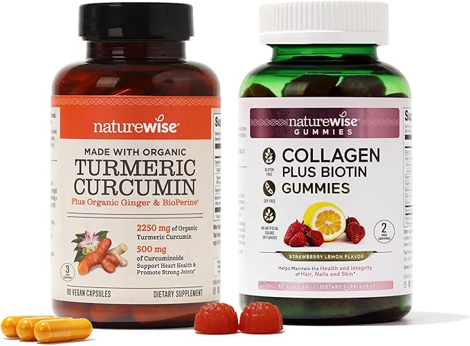 NatureWise Curcumin Turmeric 2250mg w/Black Pepper 95% Curcuminoids Capsules 90-Count + Collagen Gummies with Biotin &amp Vitamin C E 60-Count - Bundle for Joint &amp Skin Health - Gluten-Free N