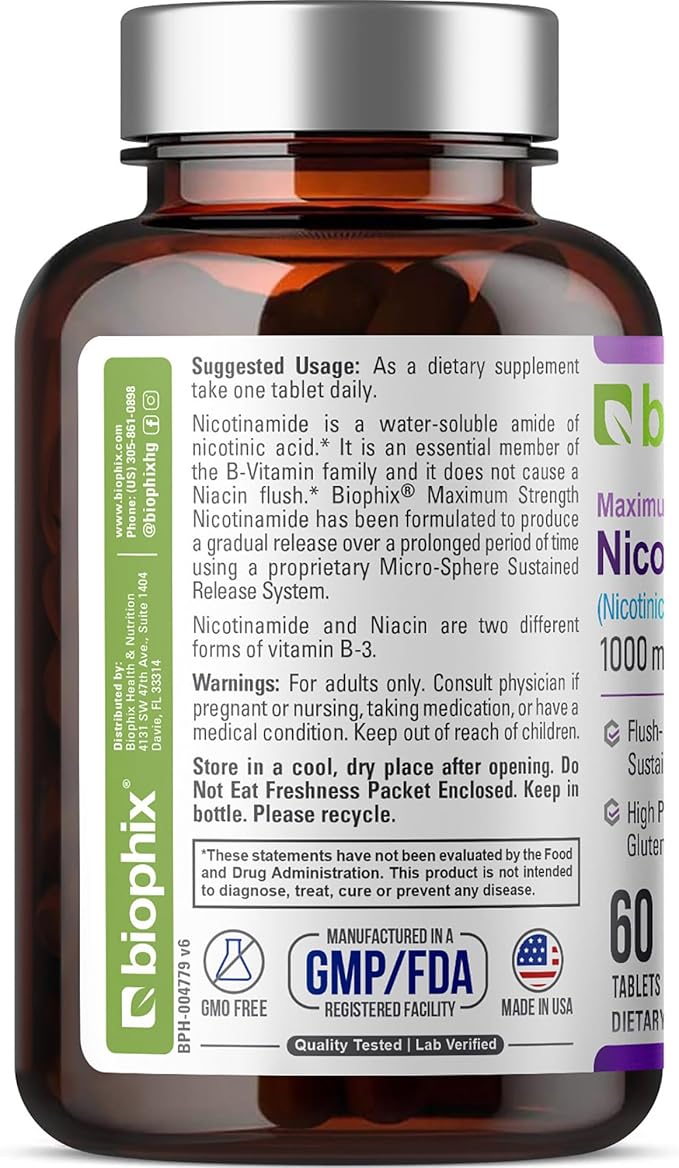 biophix B-3 Nicotinamide 1000 mg 60 Tablets Extra Strength Timed Release - Nicotinic Amide Niacin Natural Flush-Free Vitamin Formula - Supports Skin Cell Health