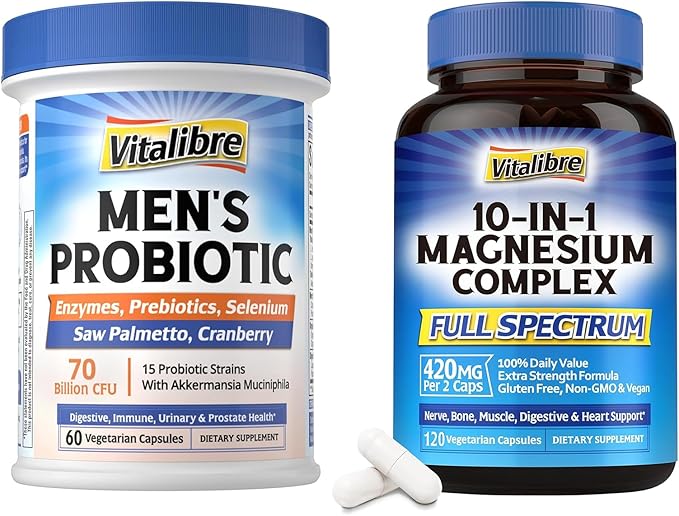 10 in 1 Magnesium Complex 120 Vegan Capsules &amp Probiotics for Men 70 Billion CFU 15 Strains