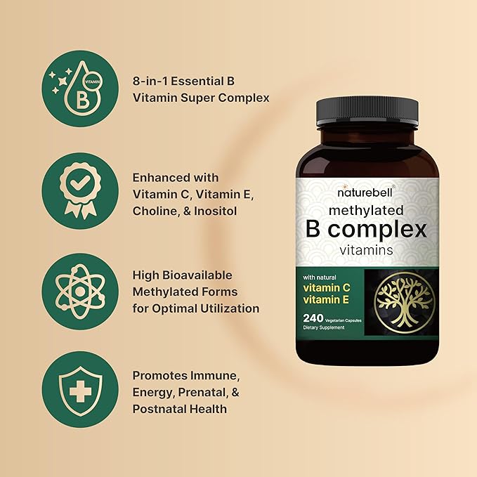 NatureBell Methylated B Complex Vitamins - 240 Vegetarian Capsules - High Bioavailability 12-in-1 Formula - for Immune Health &amp Energy Support* - Non-GMO &amp Gluten-Free