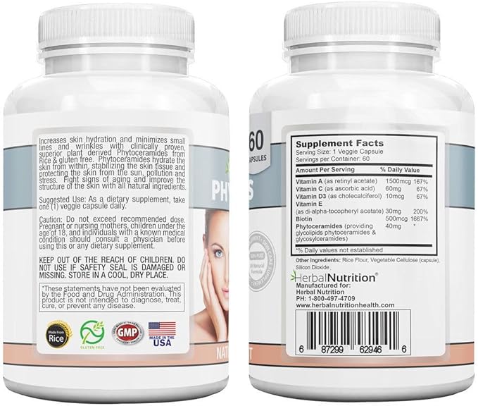 Herbal Nutrition Phytoceramides Rice Based with Biotin Vitamin A C D and E 4 Bottle Pack 40mg