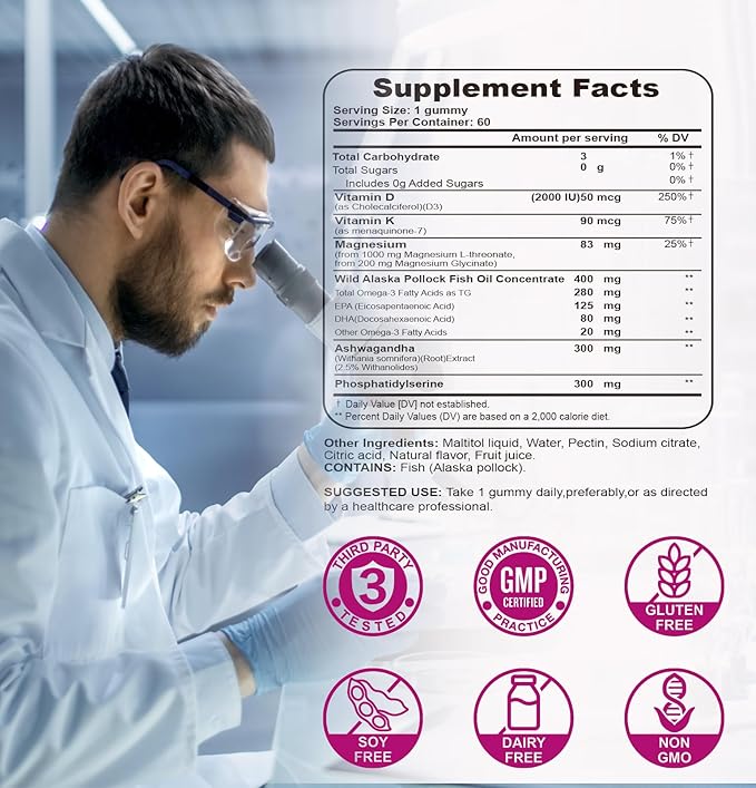 Magnesium L-Threonate Gummies - with Vitamin D K2 &amp Omega-3 Fish Oil - Natural Berry Flavor 90 Gummies